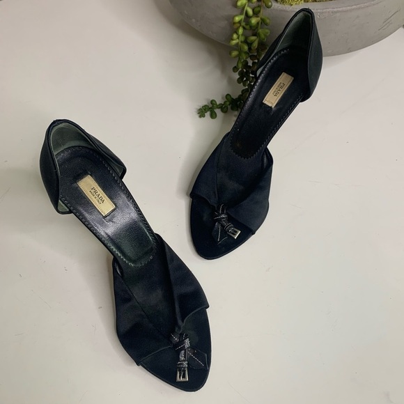 Vintage PRADA Italy black satin belt knot open toe Stiletto heels shoe 6.5 size - Picture 11 of 14